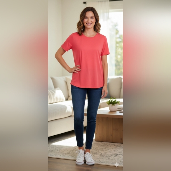 Tek Gear Workout Gear Women's Short Sleeve Shirt Size L Bright Coral (EUC) - Picture 1 of 11